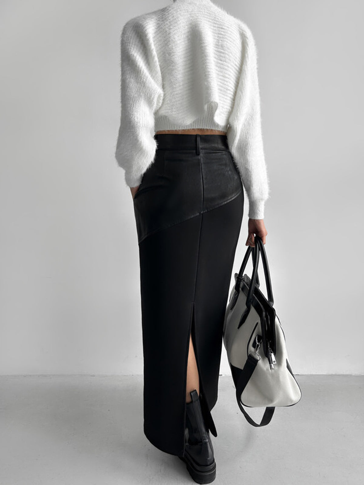 Jupe longue taille haute en cuir patchwork