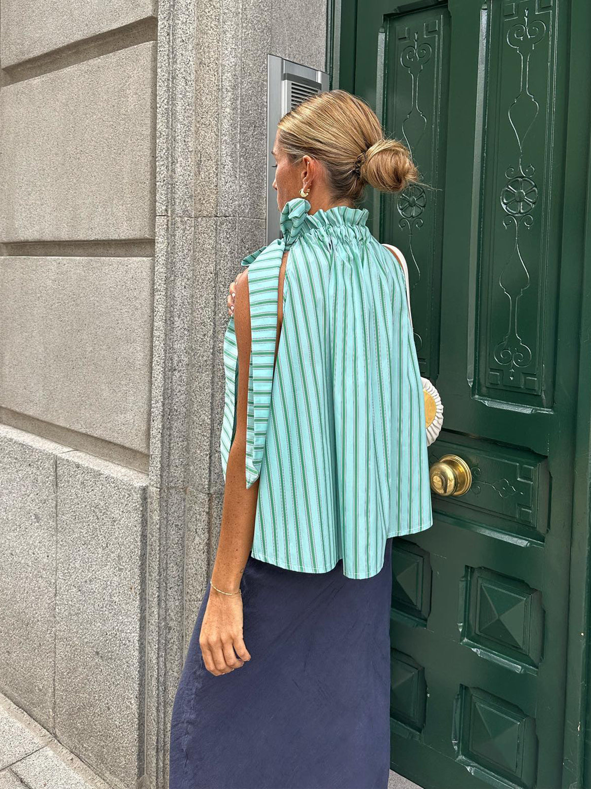 Stripe Mock Neck Bow Ruffle Top