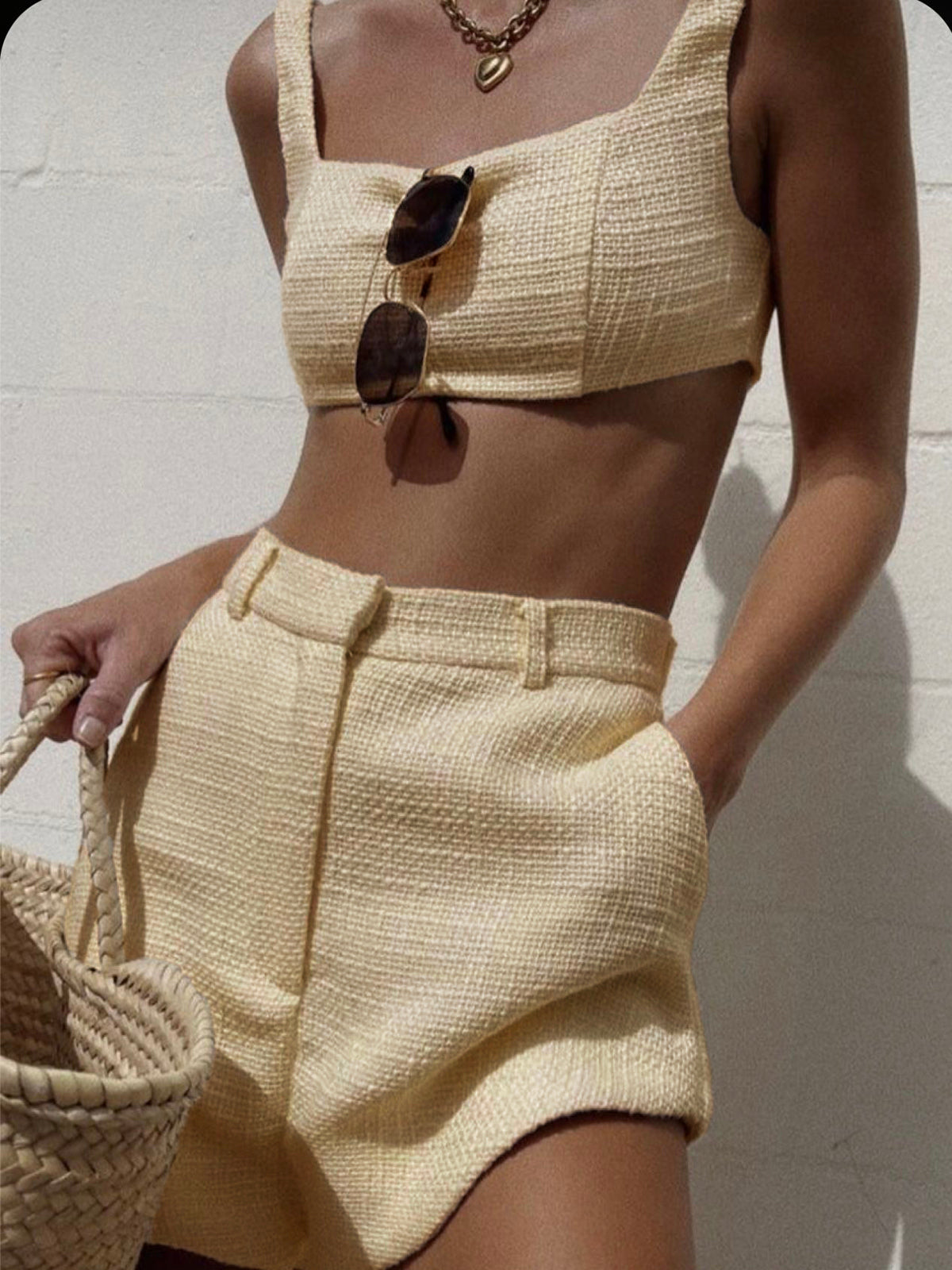 Tweed Backless Plain Shorts Set