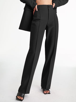 Pantalon droit taille haute à plis devant uni