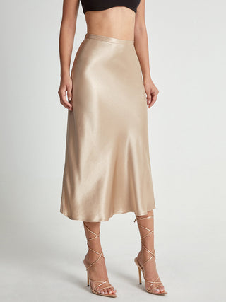 Jupe midi fluide en satin taille haute