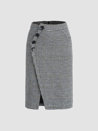 Houndstooth Side Button Zip Slit Midi Skirt