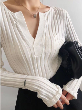 Solid Textured V-neck Knit Top