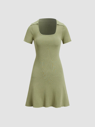 Collared Ribbed Square Neck Short Dress