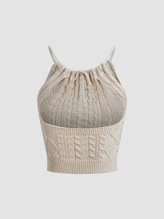 Drawstring Open Back Cable Knit Halter Crop Top