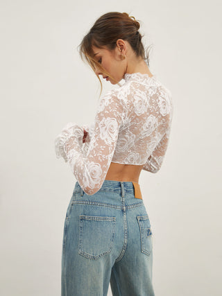 Rose Lace Mesh Mock Neck Crop Top