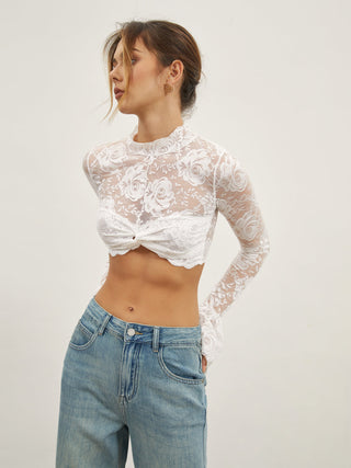 Rose Lace Mesh Mock Neck Crop Top