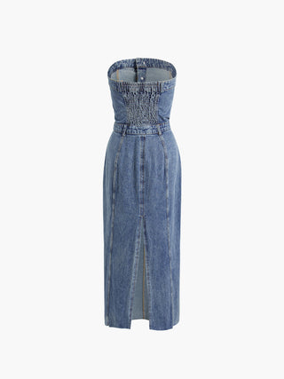 Denim Strapless Tube Midi Jean Dress