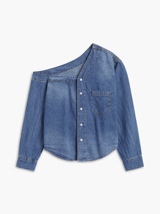 Chemise crop en denim à col asymétrique