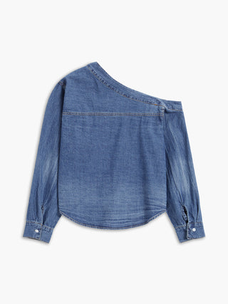 Chemise crop en denim à col asymétrique