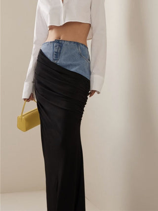 Patchwork Denim Ruched Maxi Skirt