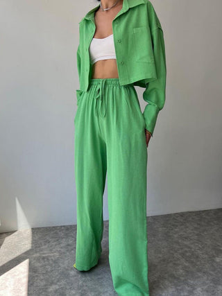 Collared Drawstring Two Piece Pants Set