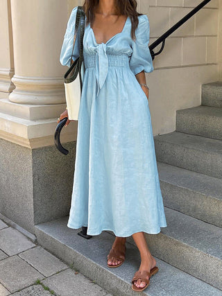 Robe midi en lin et coton à nouer sur le devant