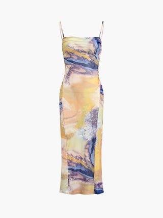 Robe midi froncée en maille tie-dye en granit