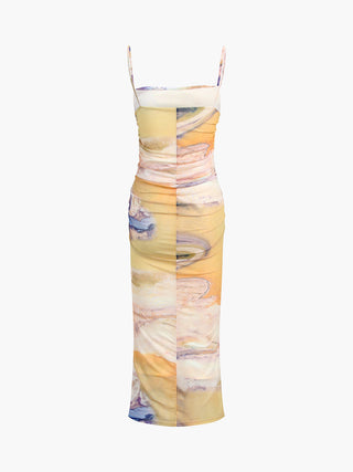 Robe midi froncée en maille tie-dye en granit