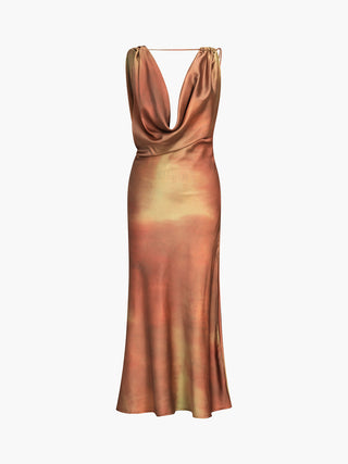 Robe longue en satin à col châle Aperol Spritz