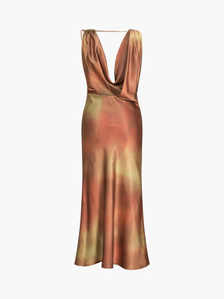 Robe longue en satin à col châle Aperol Spritz