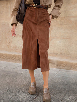 Caramel Corduroy Slit Midi Skirt