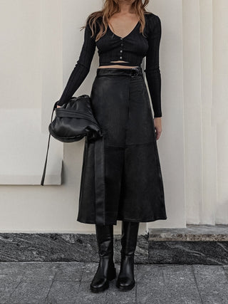 Eyes On Me Belted Leather Skirt