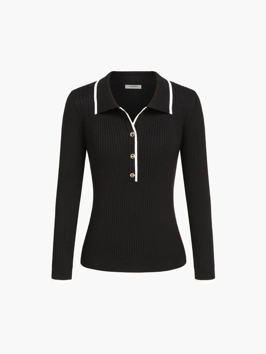 Contrast Trim Open Collar Long Sleeve Knit Top