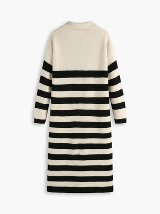 Open Collar Stripe Long Sleeve Midi Sweater Dress