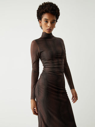 Illusion Tulle Print Mock Neck Mesh Midi Dress