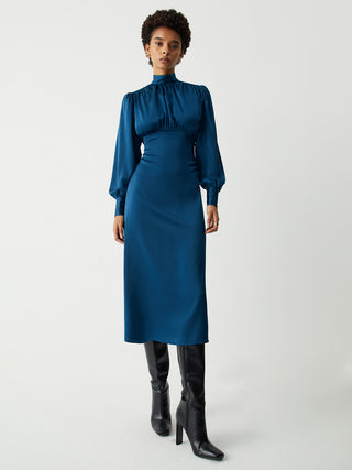 Satin Mock Neck Tie Back Long Sleeve Midi Dress