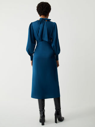 Satin Mock Neck Tie Back Long Sleeve Midi Dress