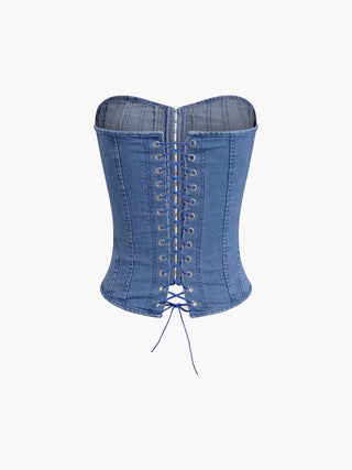 Hook-and-Eye Tie Back Tube Denim Top