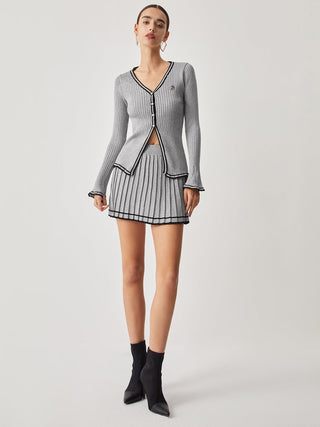 Contrast Trim Curved Cardigan With Matching Pleat Mini Skirt