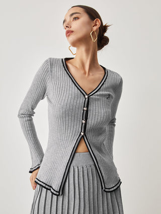 Contrast Trim Curved Cardigan With Matching Pleat Mini Skirt