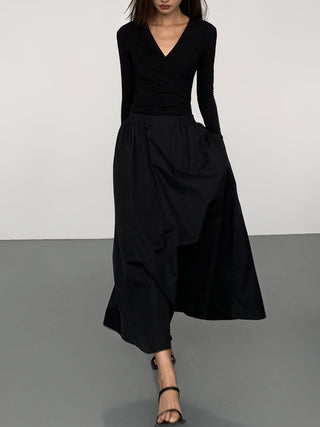 V-Neck Double Pockets Long Sleeve Long Dress