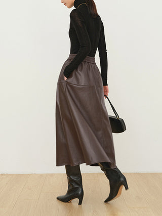 Double Pockets Leather Maxi Skirt