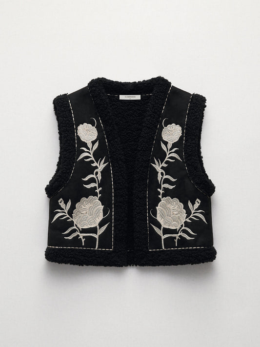 Fleece Embroideried Floral Vest