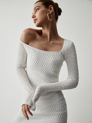 Off Shoulder Bubble Knit Long Sleeve Long Dress