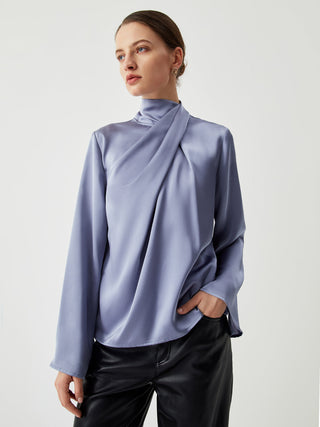 Asymmetric Pleated Turtleneck Satin Shirt