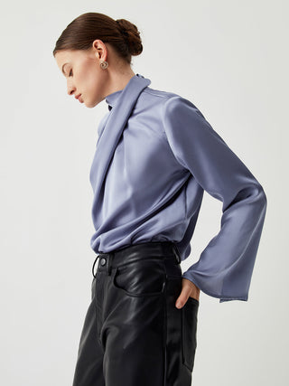 Asymmetric Pleated Turtleneck Satin Shirt