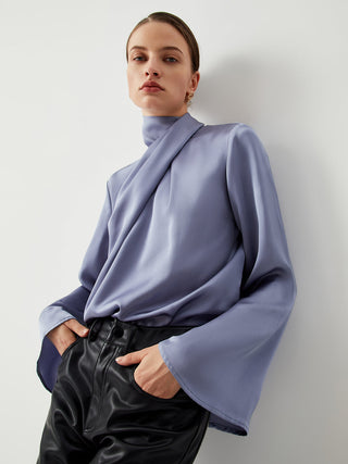 Asymmetric Pleated Turtleneck Satin Shirt