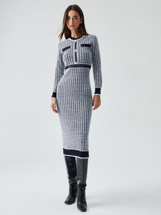 Robe midi moulante en tricot à chevrons avec bordure contrastée