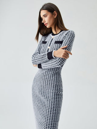 Contrast Trim Herringbone Bodycon Sweater Midi Dress