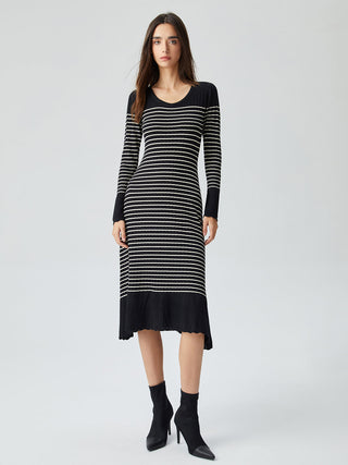 Contrast Trim Striped Crew Neck Knit Sweater Dress