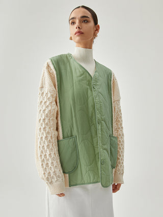 Patchwork Contrast Color Crocheted Sleeve Winter Coat