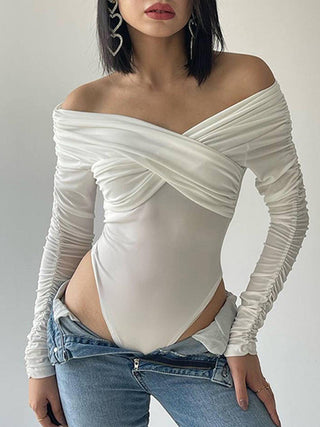 Slinky Crossover Off Shoulder Long Sleeve Bodysuit