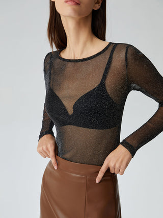 Crew Neck Sequined Long Sleeve Mesh Shirt