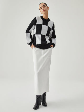 Checkered Contrast Color Crew Neck Sweater