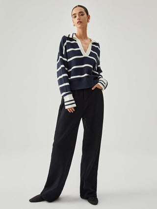 Contrast Trim V-neck Collared Striped Knit Sweater