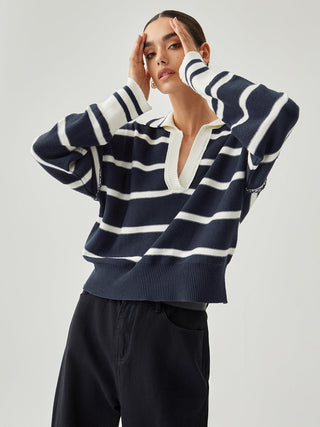 Contrast Trim V-neck Collared Striped Knit Sweater