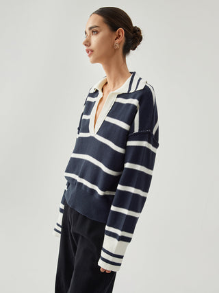 Contrast Trim V-neck Collared Striped Knit Sweater