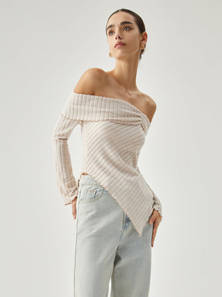 Asymmetric Overfold Off Shoulder Ribbed Knit Long Sleeve Shirt