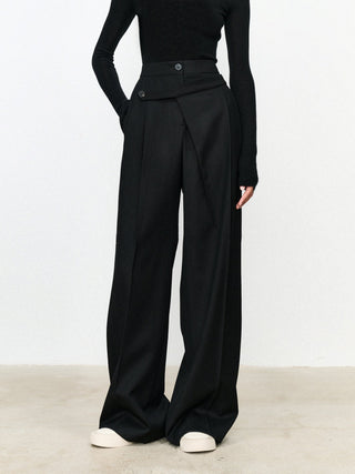 Asymmetric Layer Button Straight Leg Dress Pants